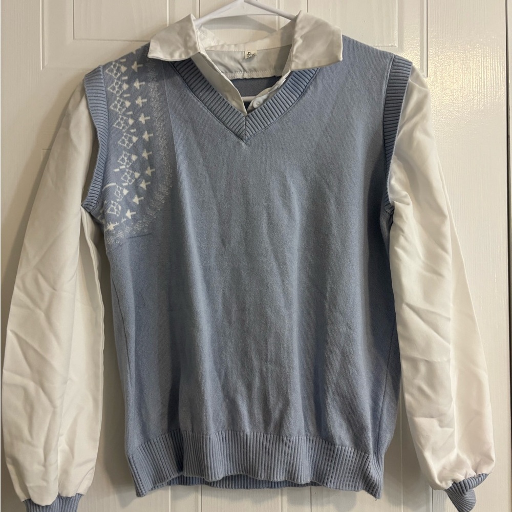 Women's V-Neck Light Blue and White Sweater
